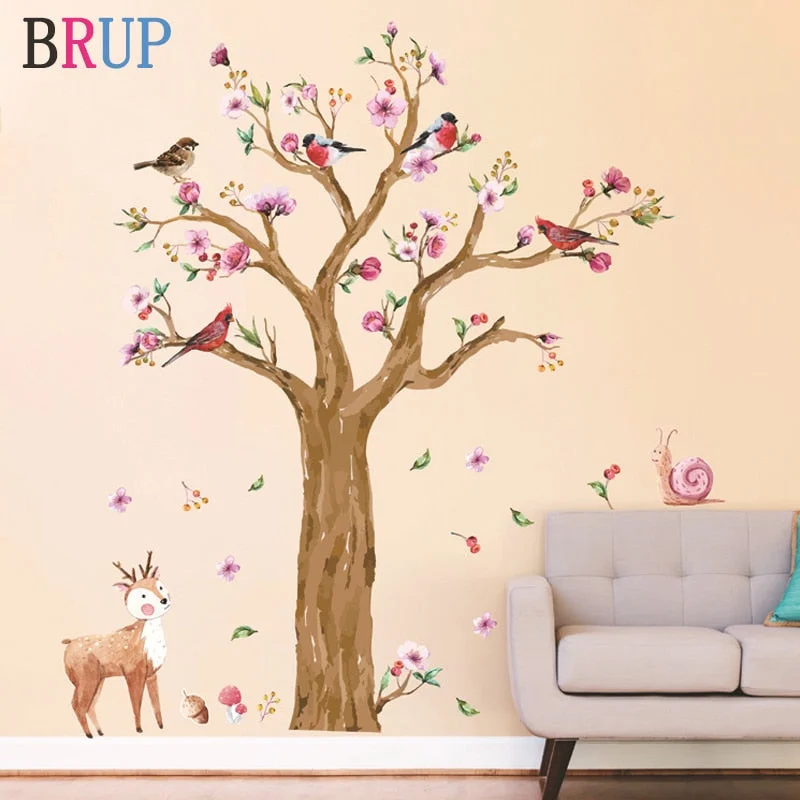 145*170cm Cartoon Animals Tree Wall Sticker for Kids Room Hand Painted Watercolor Birds Deer Wallpapers Lovely Flower Wall Decal