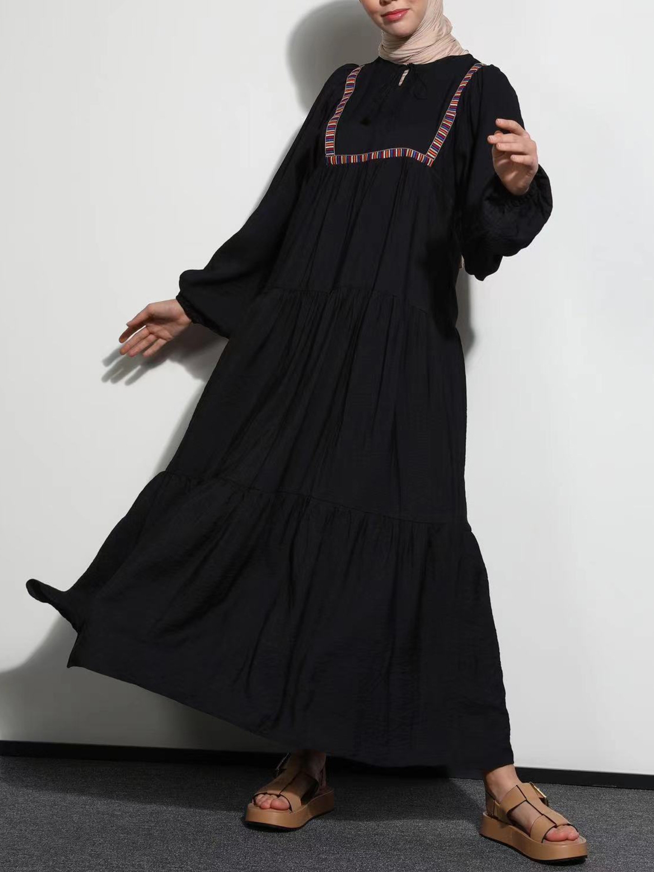 Women's Simple Round Neck Long Sleeve Embroidered Loose Casual Dress | Oxredo Shop Ramadan Sale