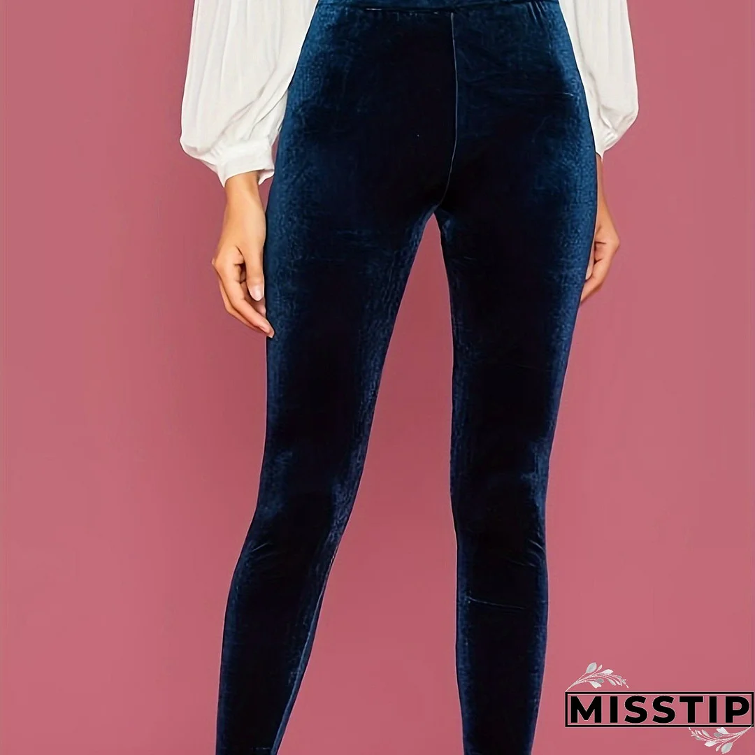 Solid Velvet Skinny Pants, Elegant Elastic Waist Cozy Pants, Women's Clothing