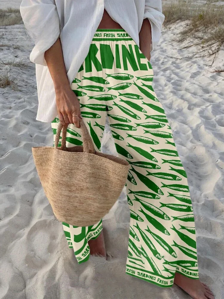 Retro vacation green fish print shirt and pant