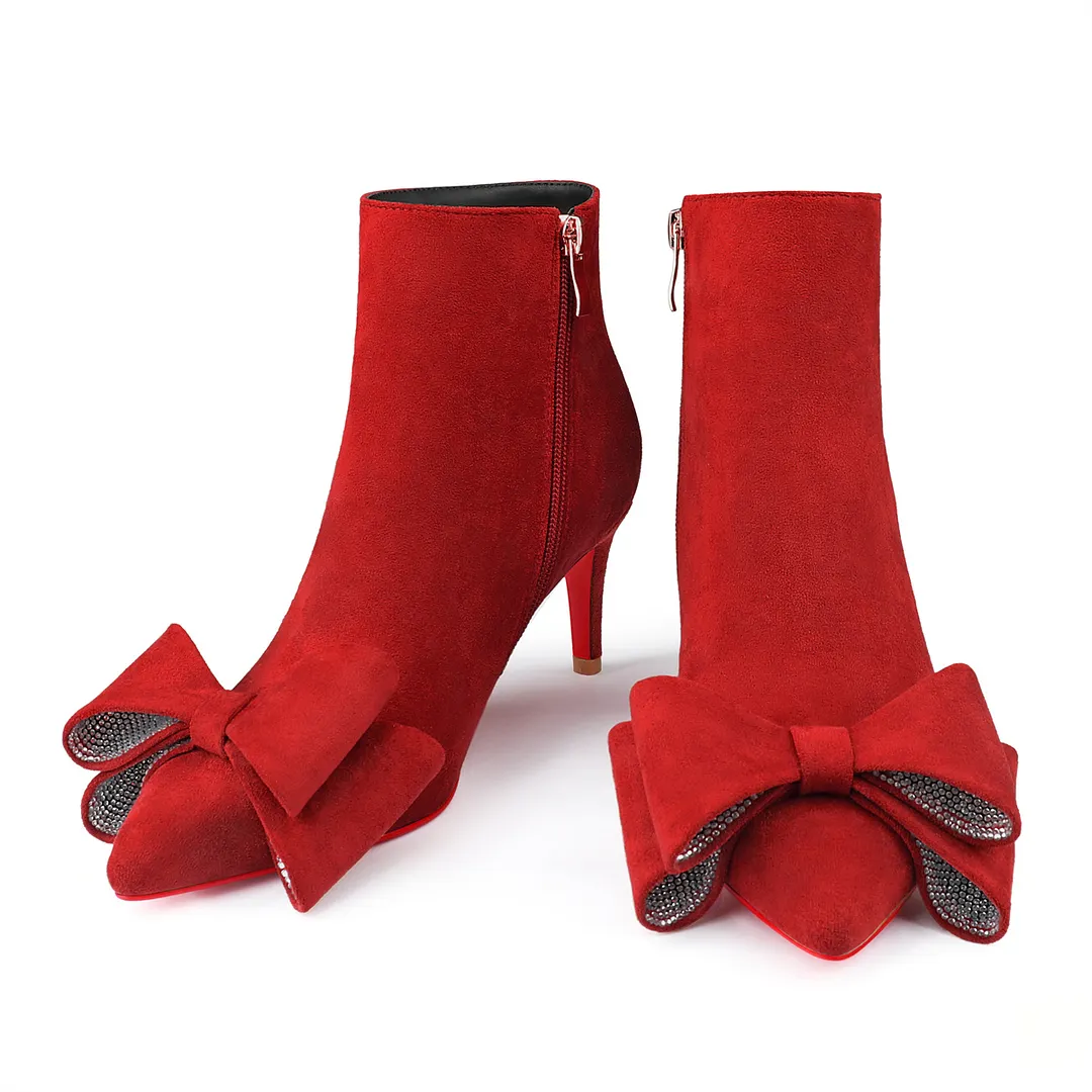 60mm Women's Pointed Toe Bow Rhinestone Ankle Boots Kitten Heel Single Strap Red Bottom Suede Booties-vocosishoes