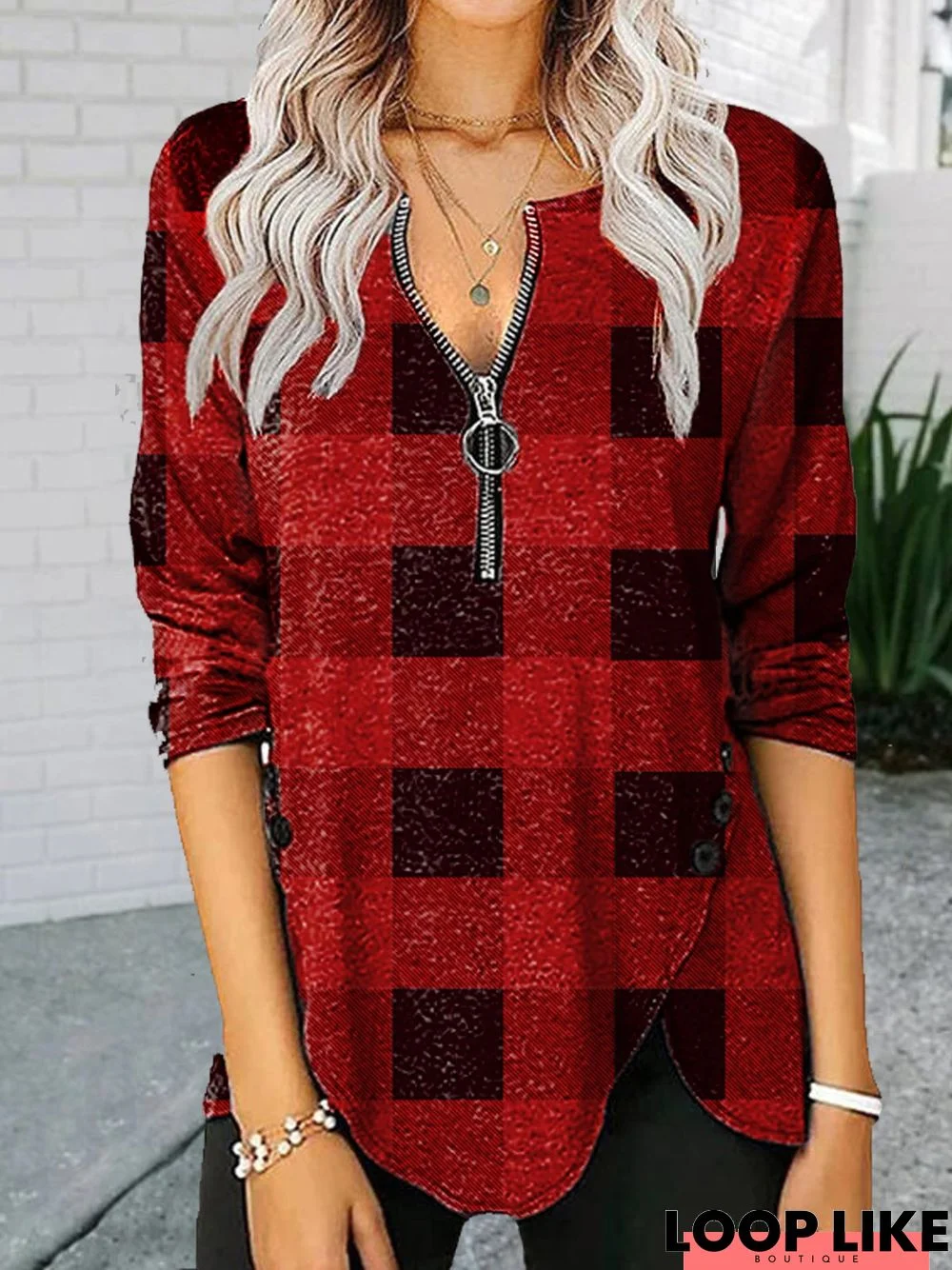 Checked/Plaid Long Sleeve V Neck Casual Tunic T-Shirt