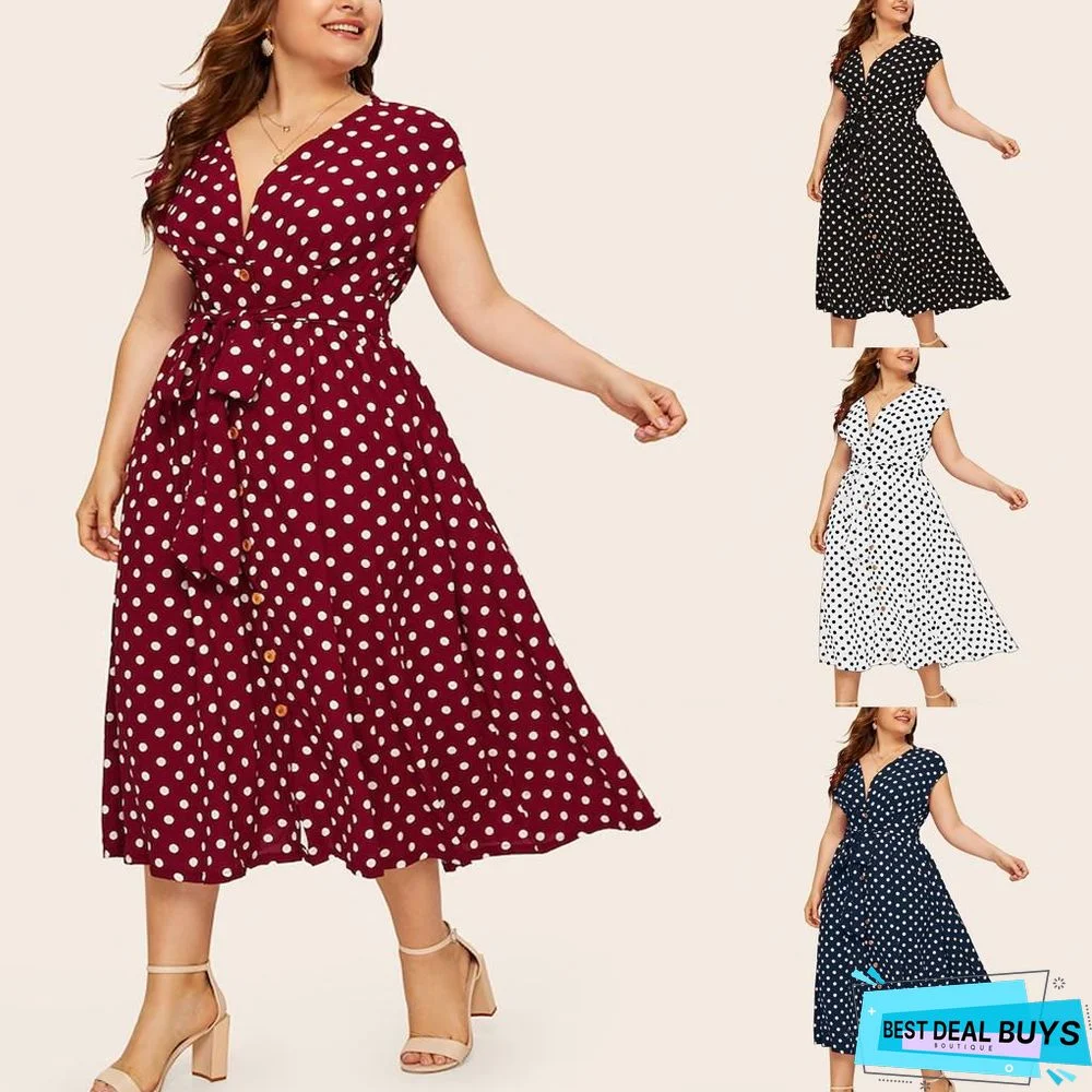 Women's Plus Size Polka Dot Dress Button Tie Waist V-Neck Skirt