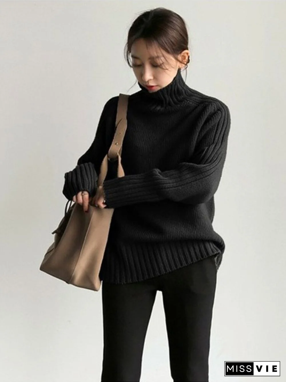 Fashion Tops Women Autumn Winter New Long Sleeve High Collar Knitted Sweater Loose Temperament Pullover Women Pulovers