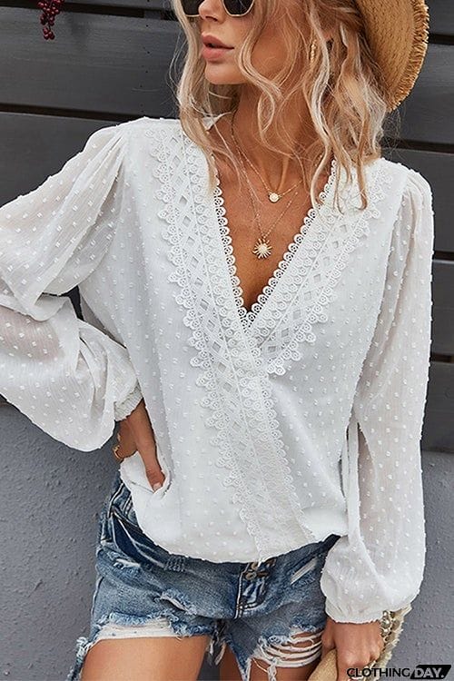 Dot Lace Trim Wrap Long Puff Sleeve Blouse