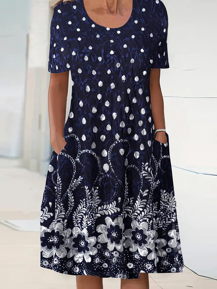 Women's Short Sleeve Scoop Neck Floral Printed Polka Dot Midi Dress