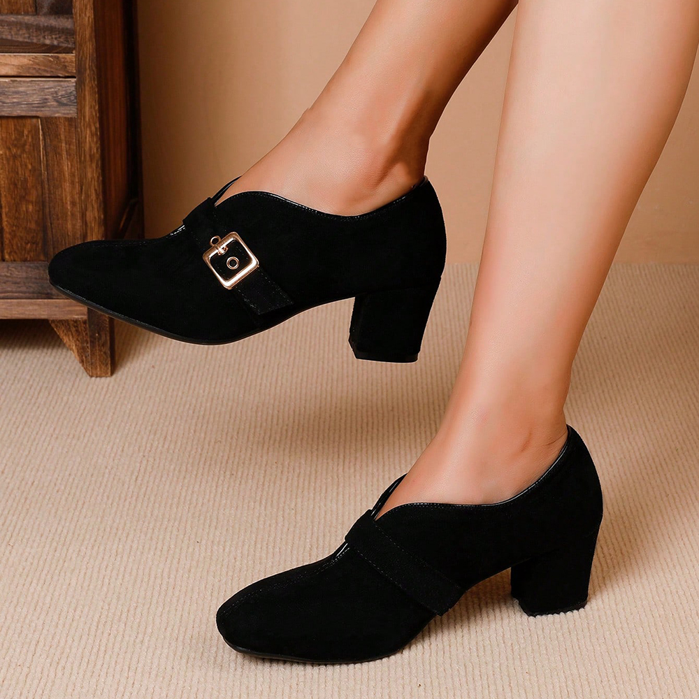 Black Vegan Suede Closed Toe Chunky Heel Buckled Pumps Nicepairs