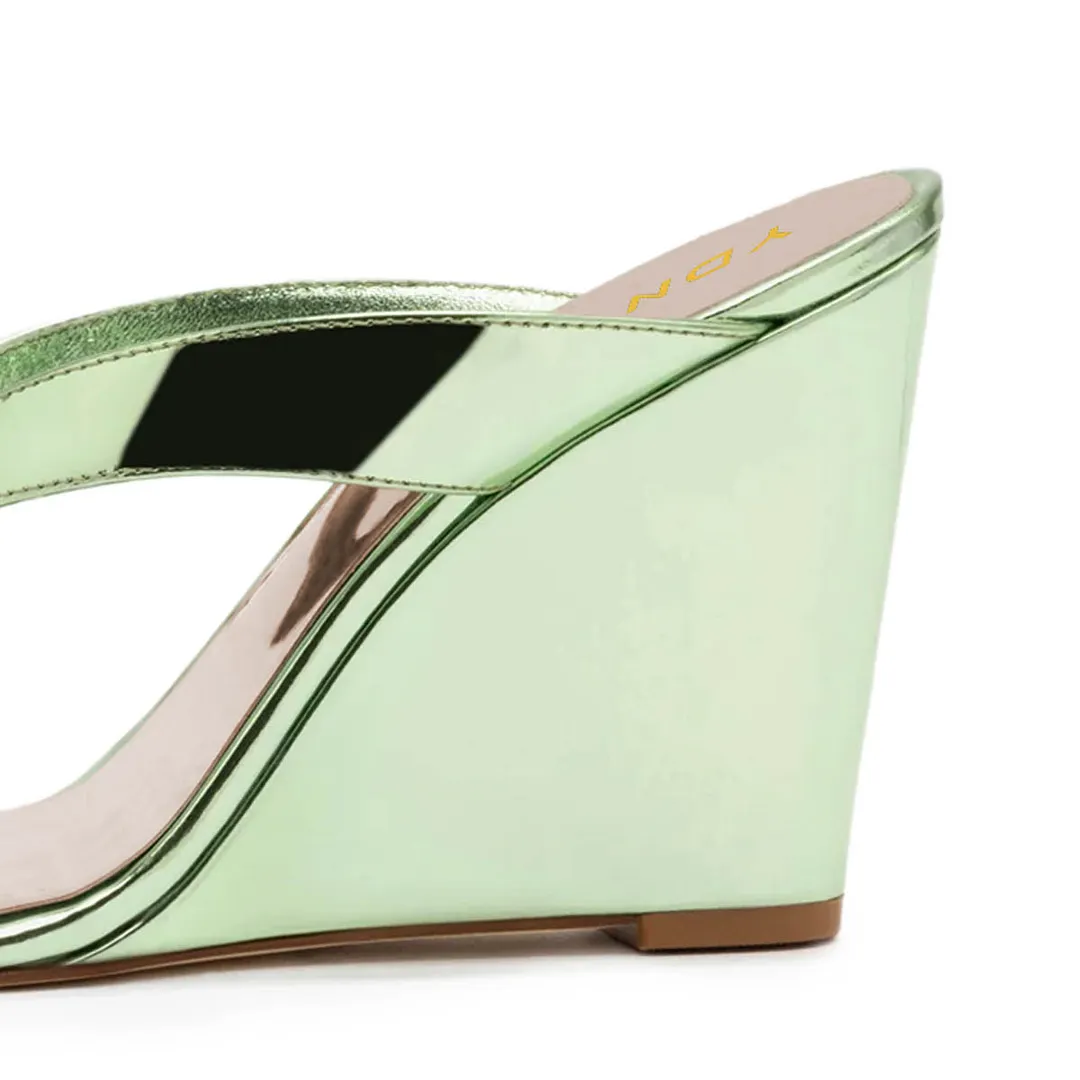 Light Green Metallic Finish Open Toe Wedge Sandals for Women