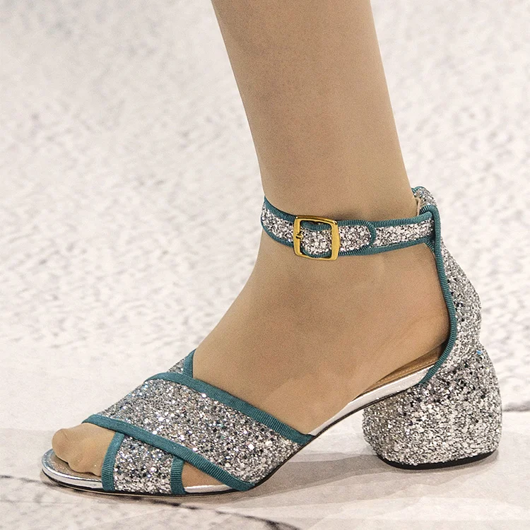 Silver and Blue Glitter Shoes Ankle Strap Block Heel Sandals |FSJ Shoes