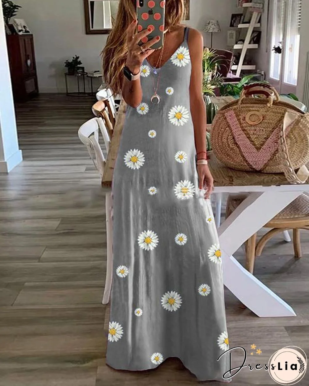 Sleeveless Floral Print V Neck Holiday Maxi Dress