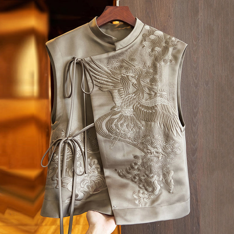 Embroidered Lace Up Patchwork Silk Waistcoat Sleeveless