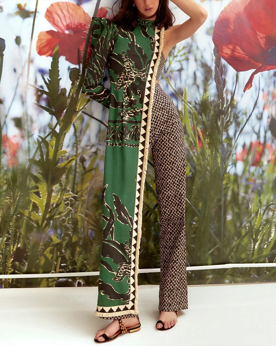 Women's One Shoulder Sleeve Printed Irregular Jumpsuit