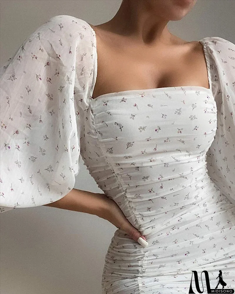 MidiSono - Casual White Floral Long Sleeve Dress