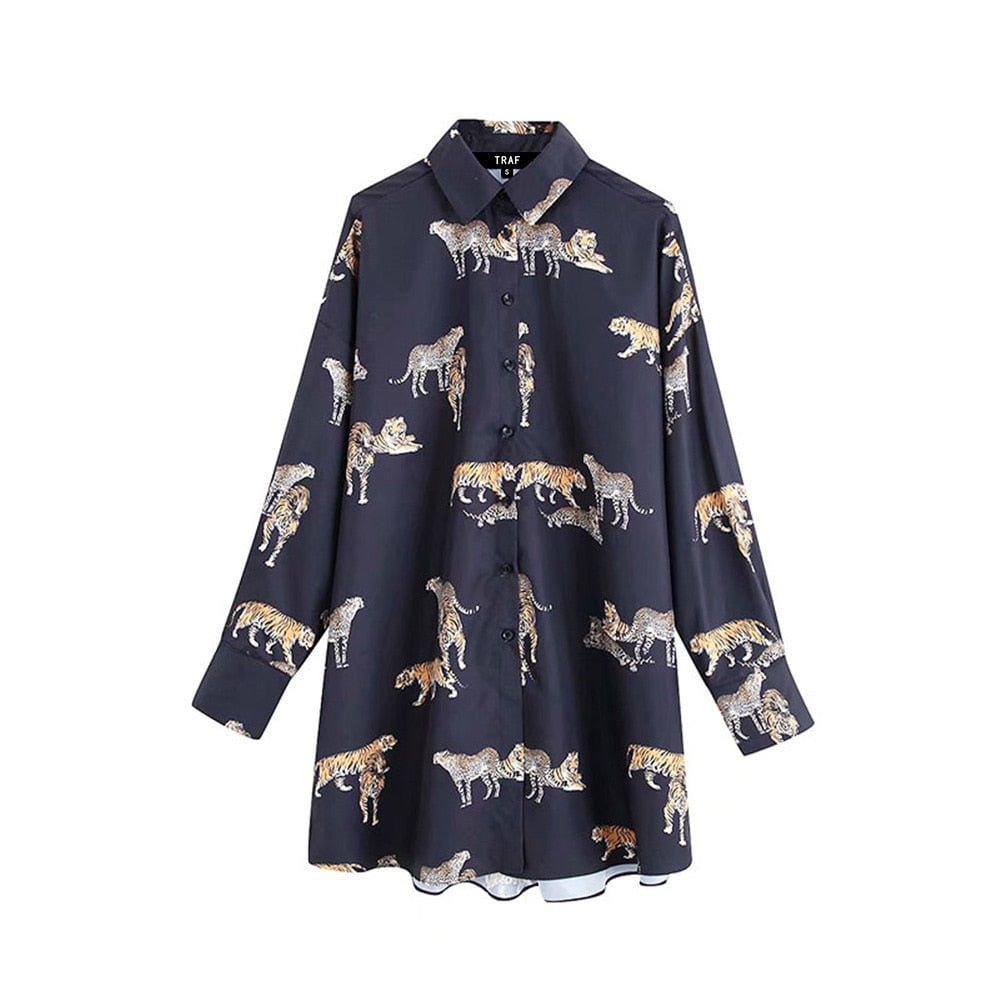 TRAF Women Vintage Stylish Animal Print Blouses Fashion Lapel Collar Long Sleeve Female Shirts Blusas Mujer Chic Tops
