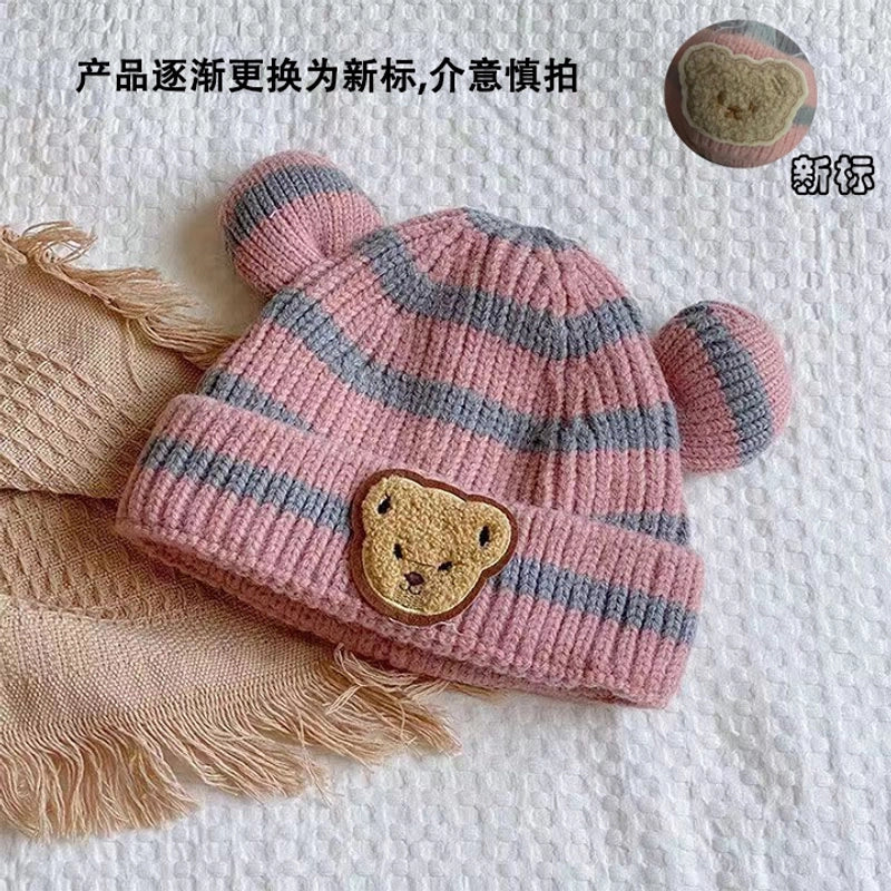 Autumn And Winter Children’s Warm Hat Cute Striped Bear Hat Korean Baby With Double Ball Knitted Hat Men’s And Women’s Treasure Hat
