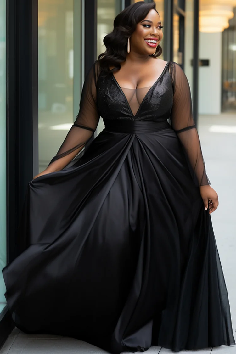 Xpluswear Design Plus Size Formal Elegant Black V Neck Long Sleeve See Through Satin Maxi Dresses [Pre-Order]