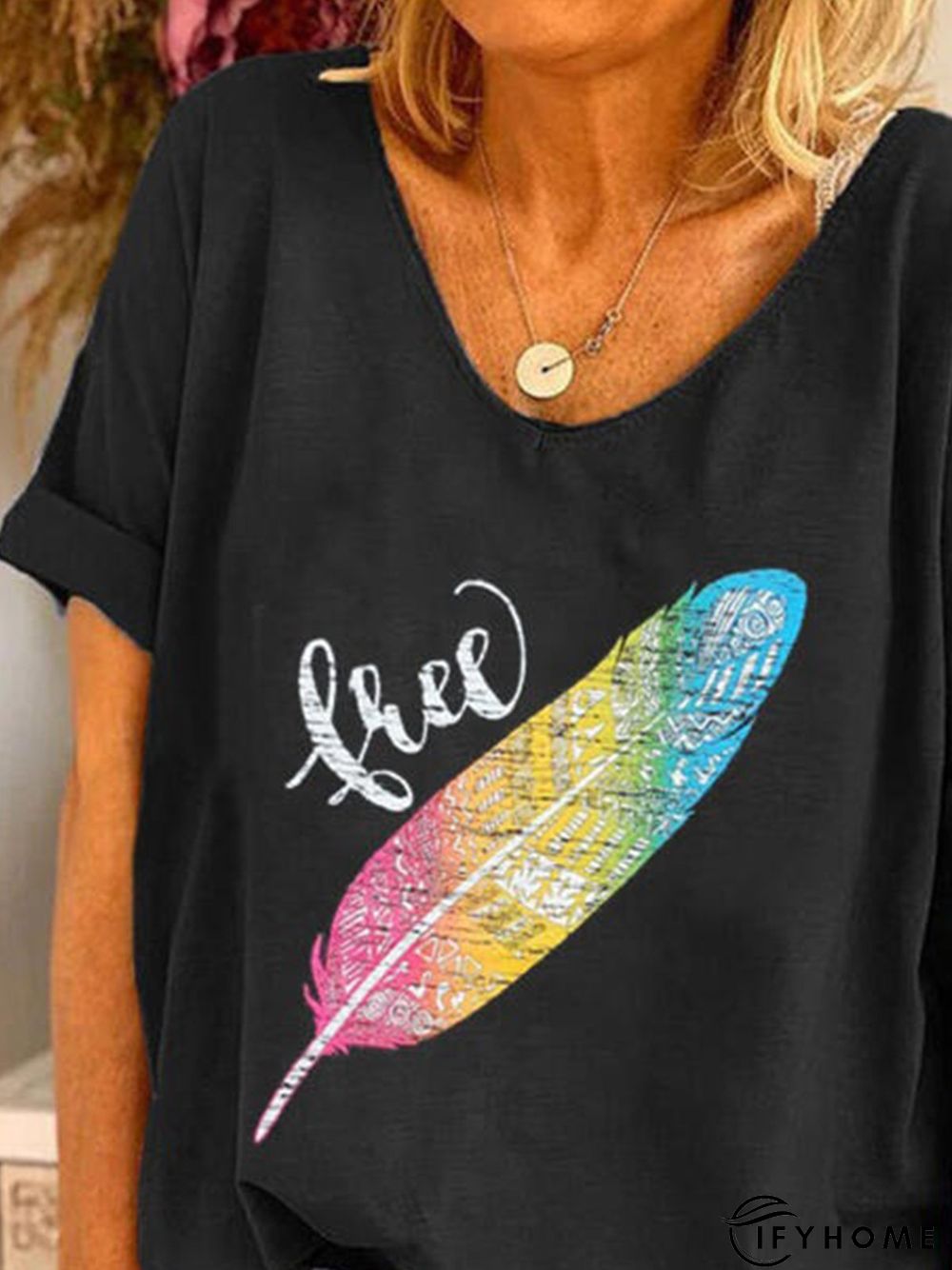 Black Leaves Printed Short Sleeve Shift Casual T-shirt | IFYHOME