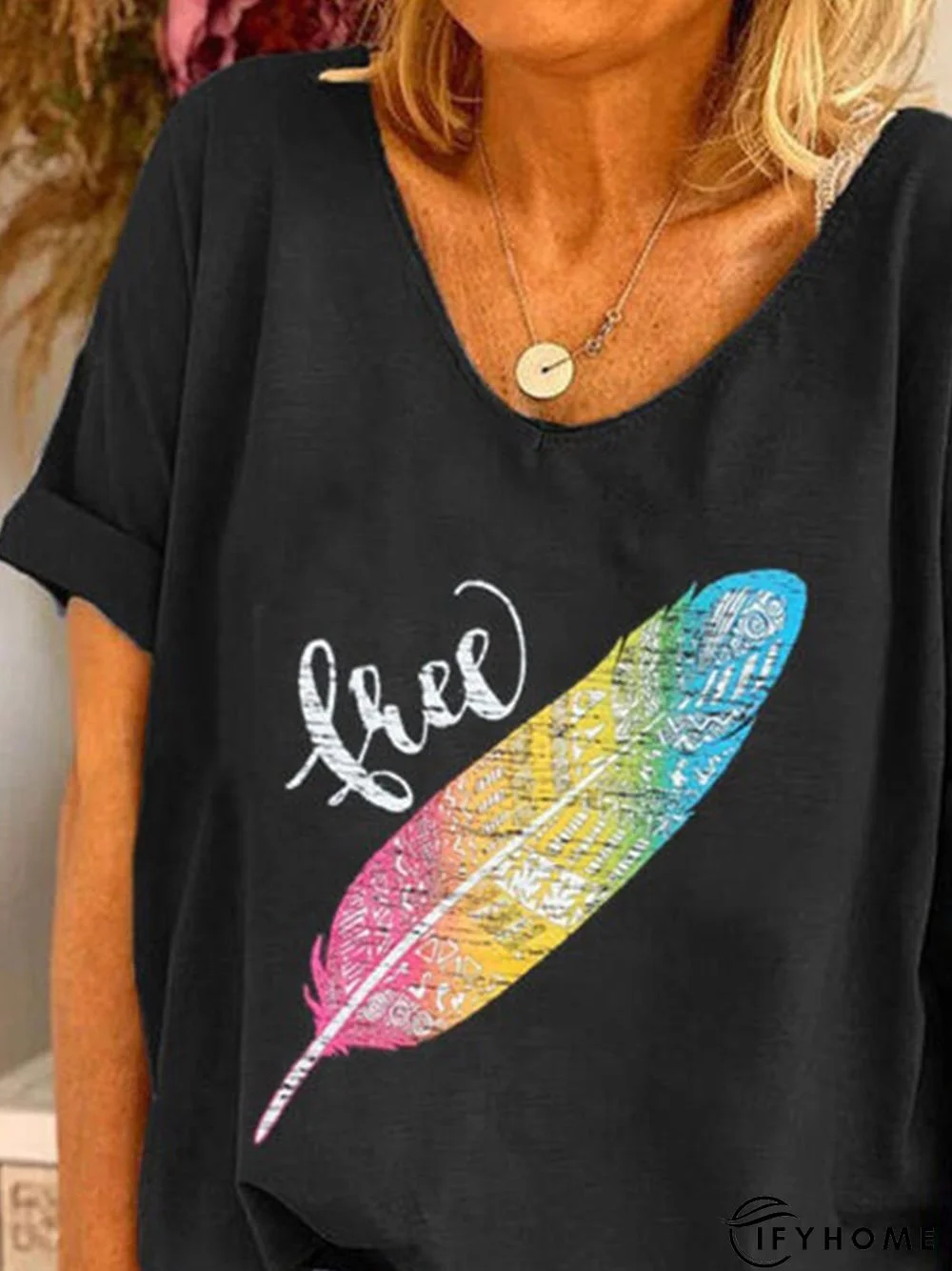 Black Leaves Printed Short Sleeve Shift Casual T-shirt | IFYHOME