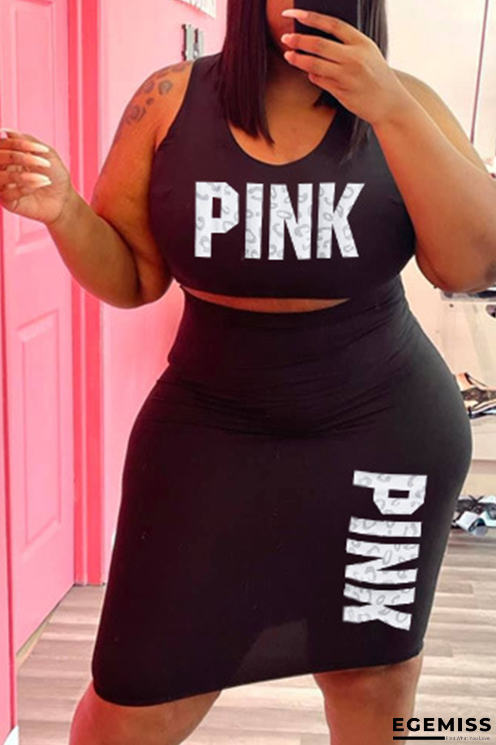 Black Casual Print Letter U Neck Plus Size Two Pieces | EGEMISS