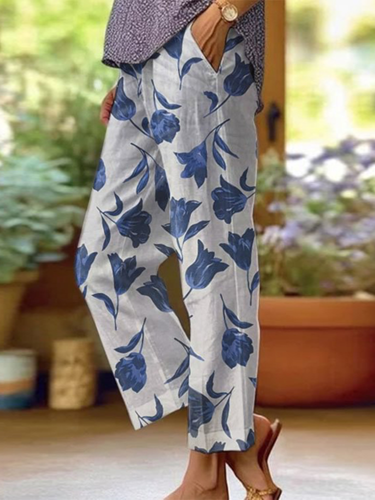 Comstylish Women's Floral Print Pocket Casual Pants