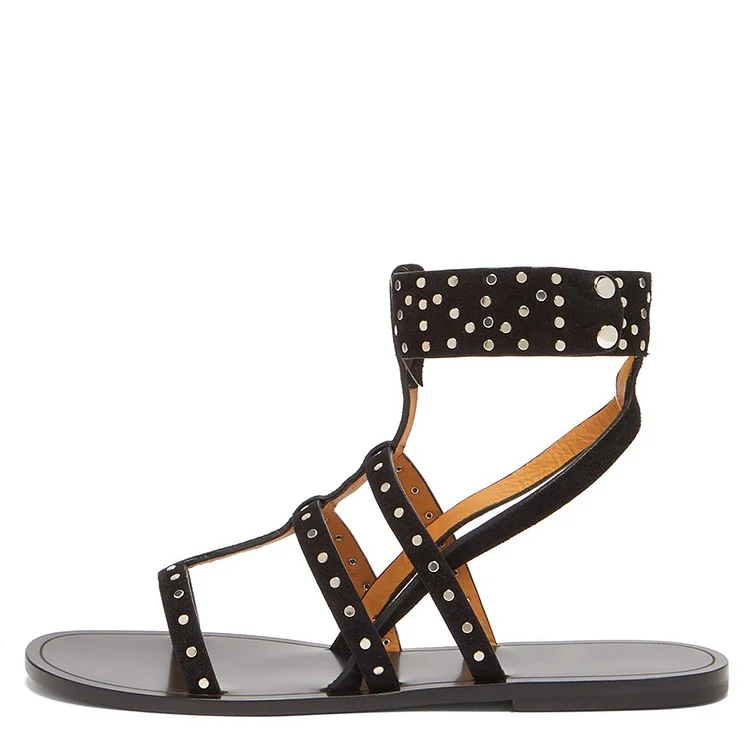 Flat Gladiator Sandals with Studs Detailing in Black Color Vdcoo