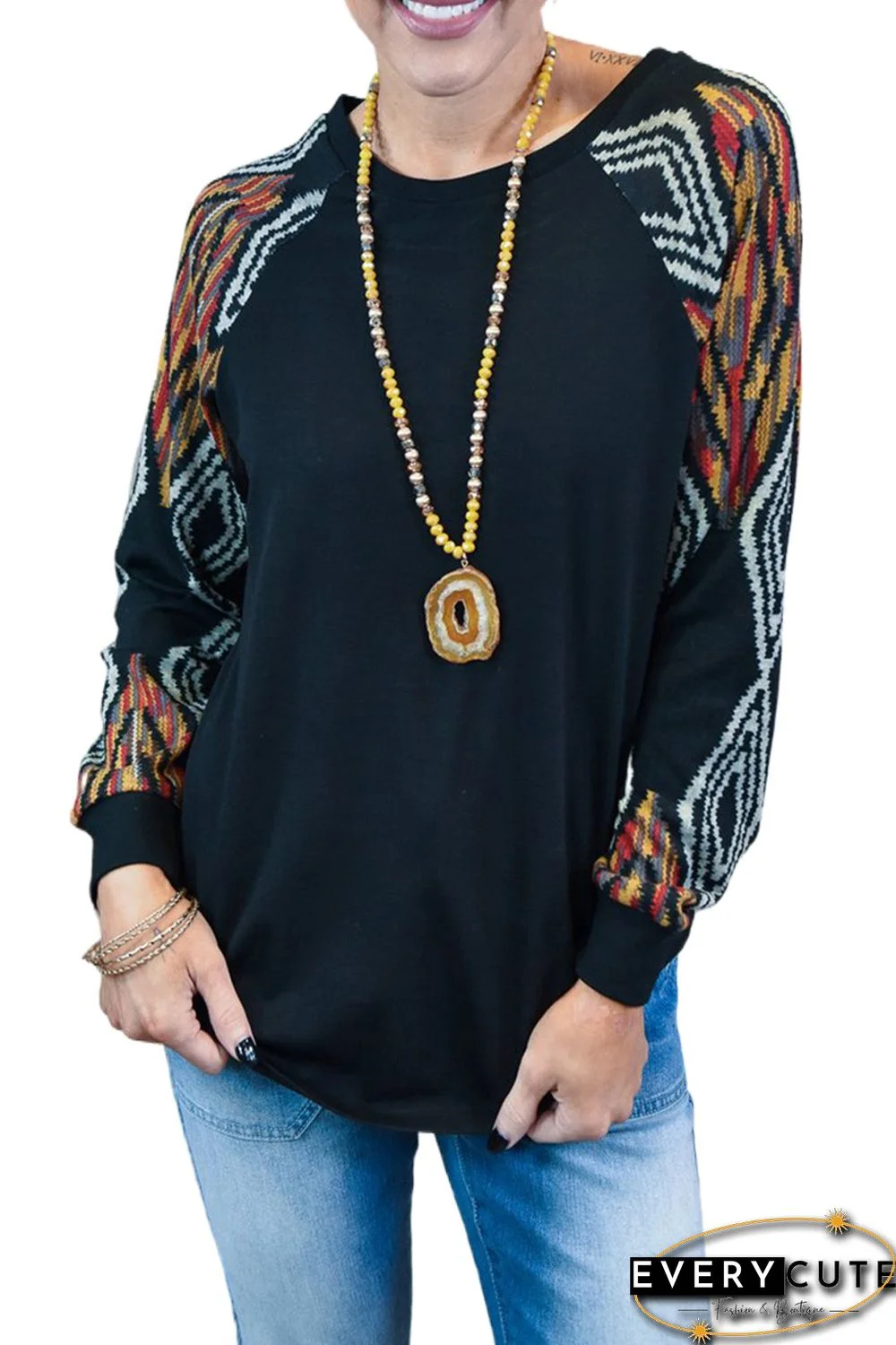 Black Ethnic Print Raglan Top