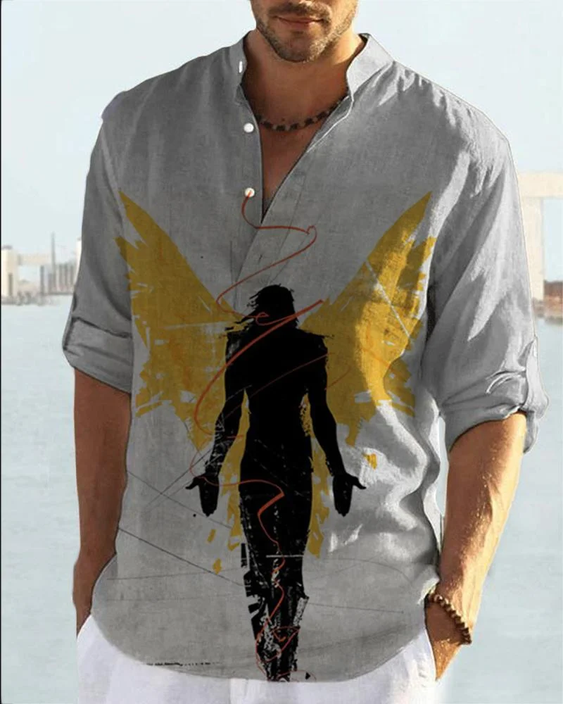 Fashion Stitching Printed Cotton Linen Shirt
