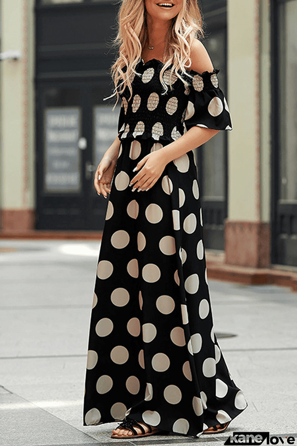 Casual Polka Dot Patchwork Stringy Selvedge Off the Shoulder A Line Dresses