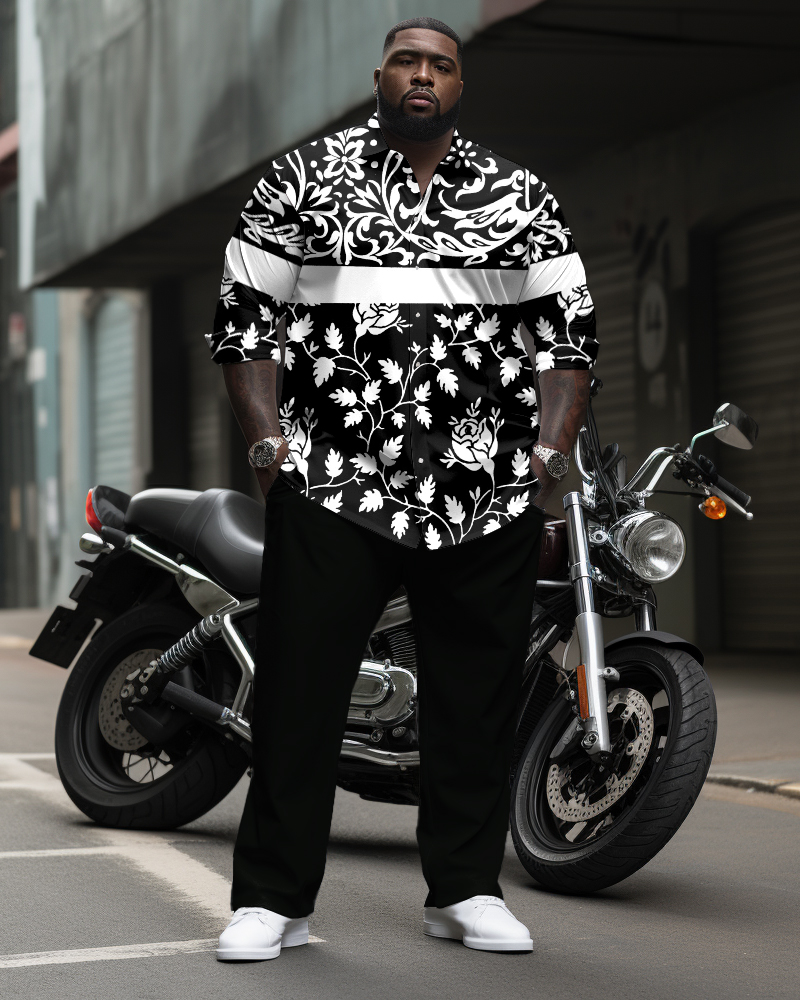 Men's Plus Size Vintage Pattern Stitching Printed Long Sleeve Lapel Shirt 2 Piece Set