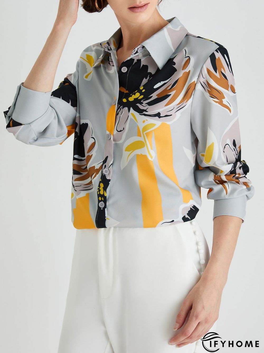 Elegant Floral Shirt Collar Long Sleeve Blouse | IFYHOME