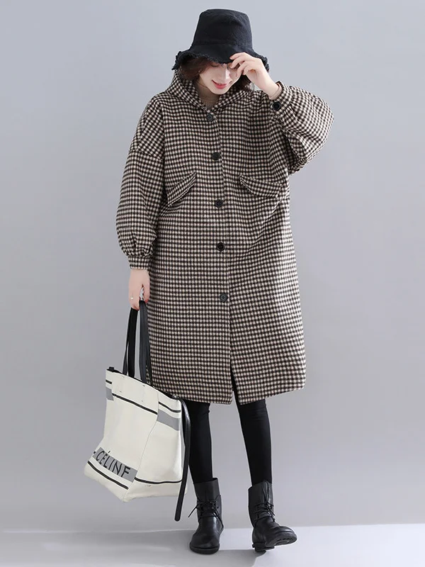 Loose Plaid Hooded Quilted Coat