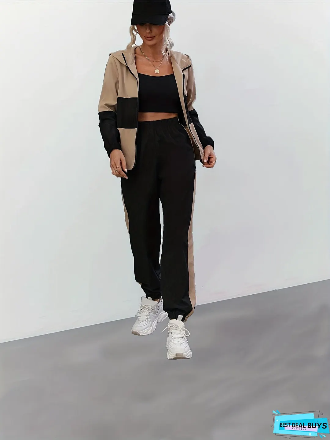 Color Block Casual Two-piece Set, Zip Up Long Sleeve Hooded Tops & Jogger Pants Outfits, Women's Clothing