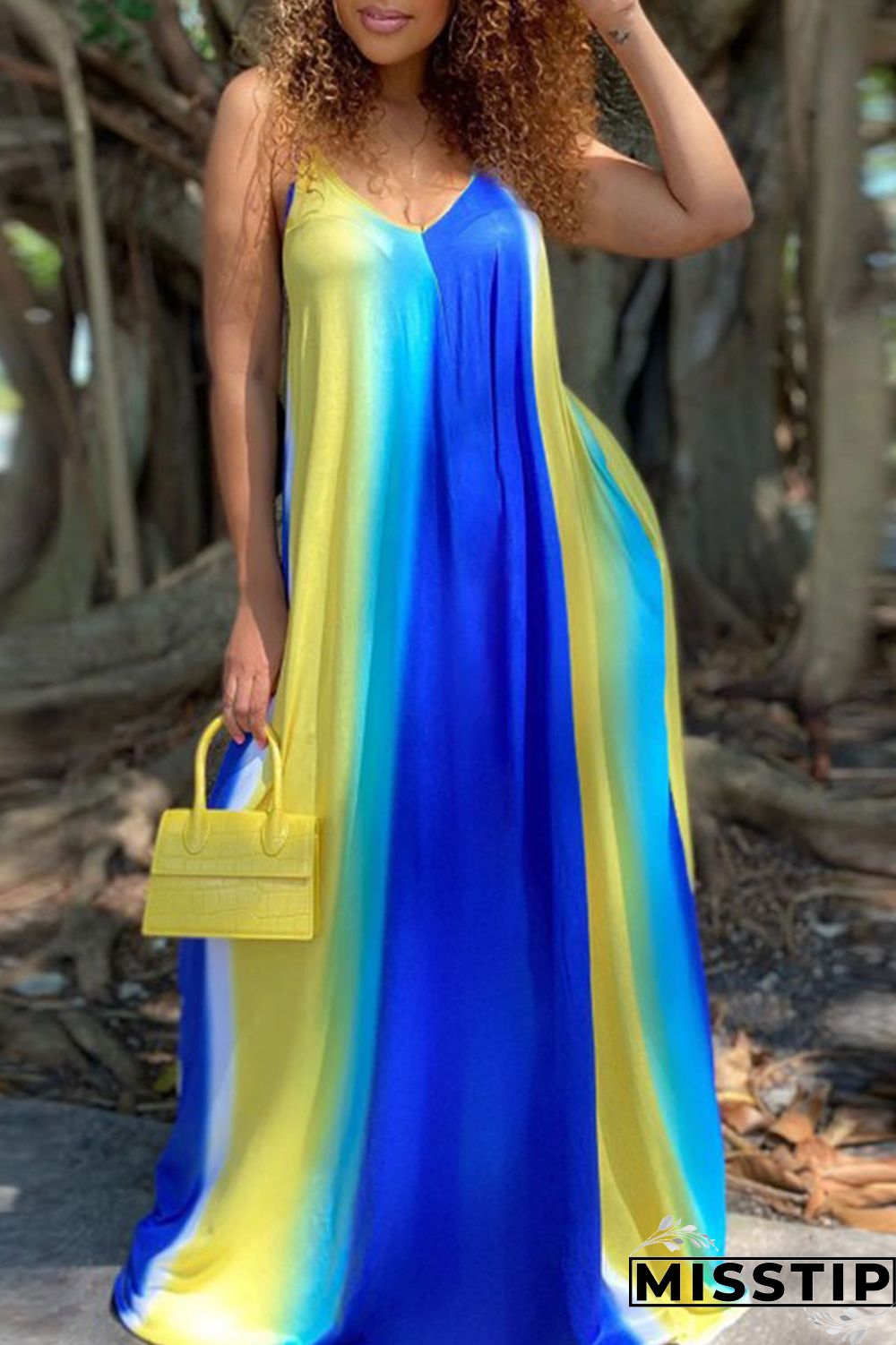 Blue Casual Print Patchwork Spaghetti Strap Sling Dress Dresses