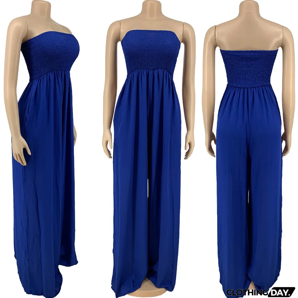 Plus Size Solid Off Shoulder Strapless Wide Leg Jumpsuit