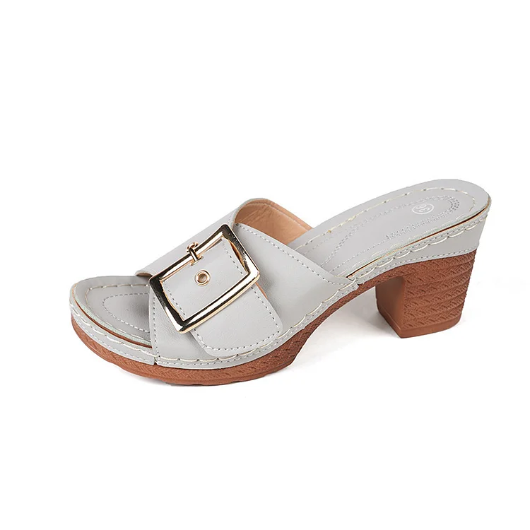 Slippers Women Chunky Heel Buckle Metal One Strap Radinnoo.com