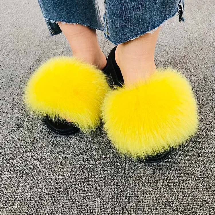 Hot Summer Women Fox Fur Slippers Real Fur Slides Female Indoor Flip Flops Casual Raccon Fur Sandals Furry Fluffy Plush Shoes