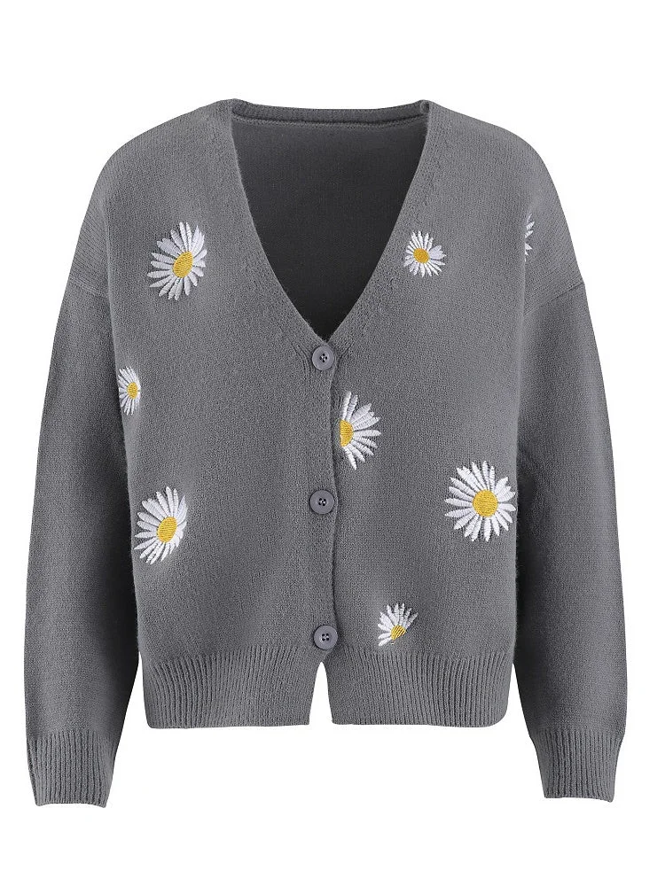 Women plus size clothing Women's V-neck Floral Embroidery Cardigan Jacket Coat-Nordswear