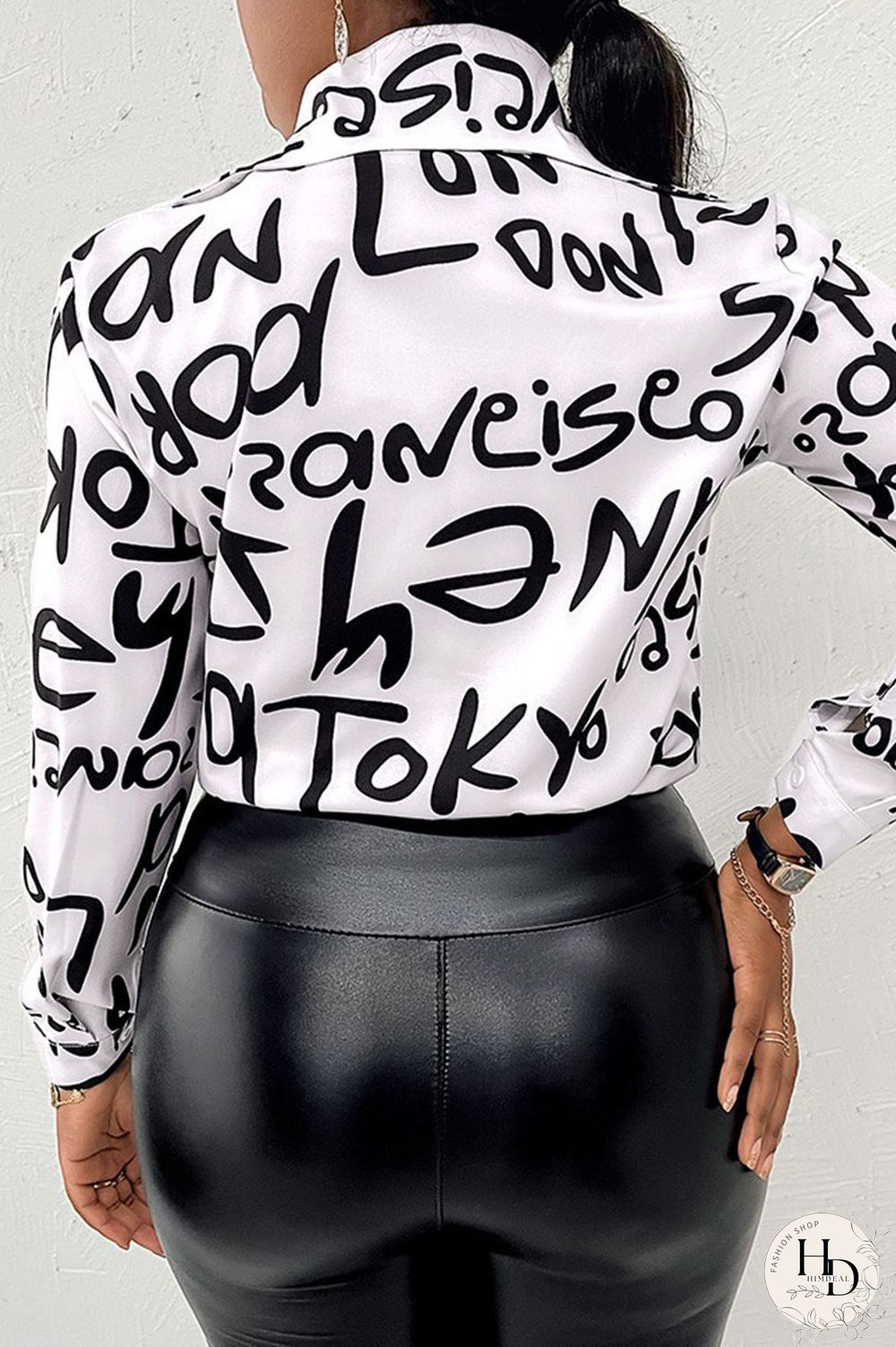 White Casual Print Patchwork Buckle Turndown Collar Tops