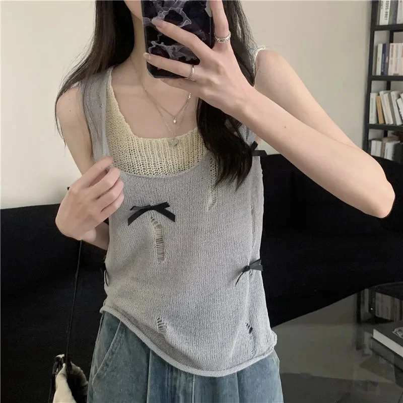 Uveng Uveng Girl Bows With Two Slings Vest Summer Dress Design Hole-Dcupy Knitting Top