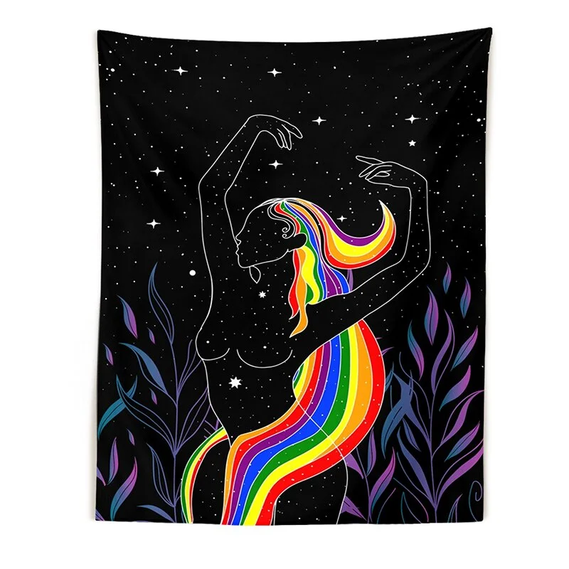 Moon woman Tapestry Wall Hanging Psychedelic Art Tapestries Simple Line Wall Cloth Psychedelic Women Yoga Carpet Boho Decor