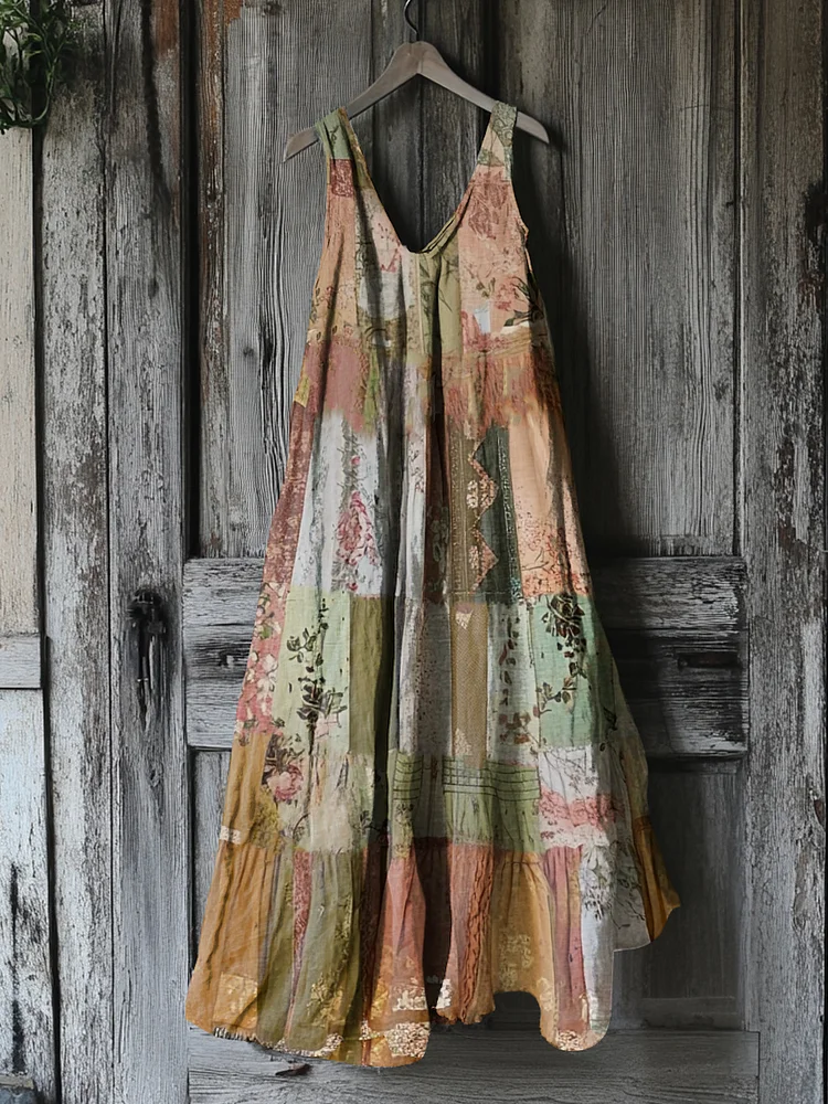 Women's Vintage Floral Patchwork Cotton And Linen Dress