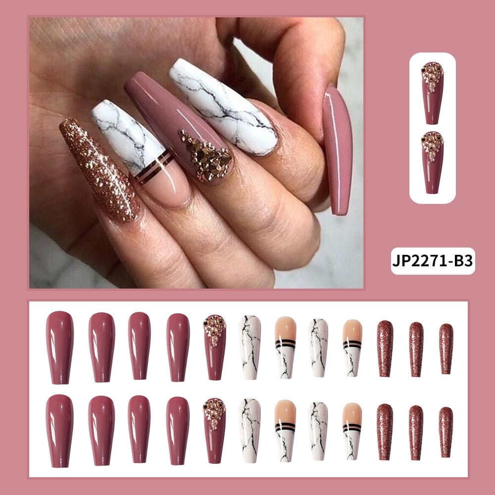 Long Ballerina Marble False Nails Streak Full Cover Long Coffin Fake Nails with Glue Glitter DIY Manicure Nail Art