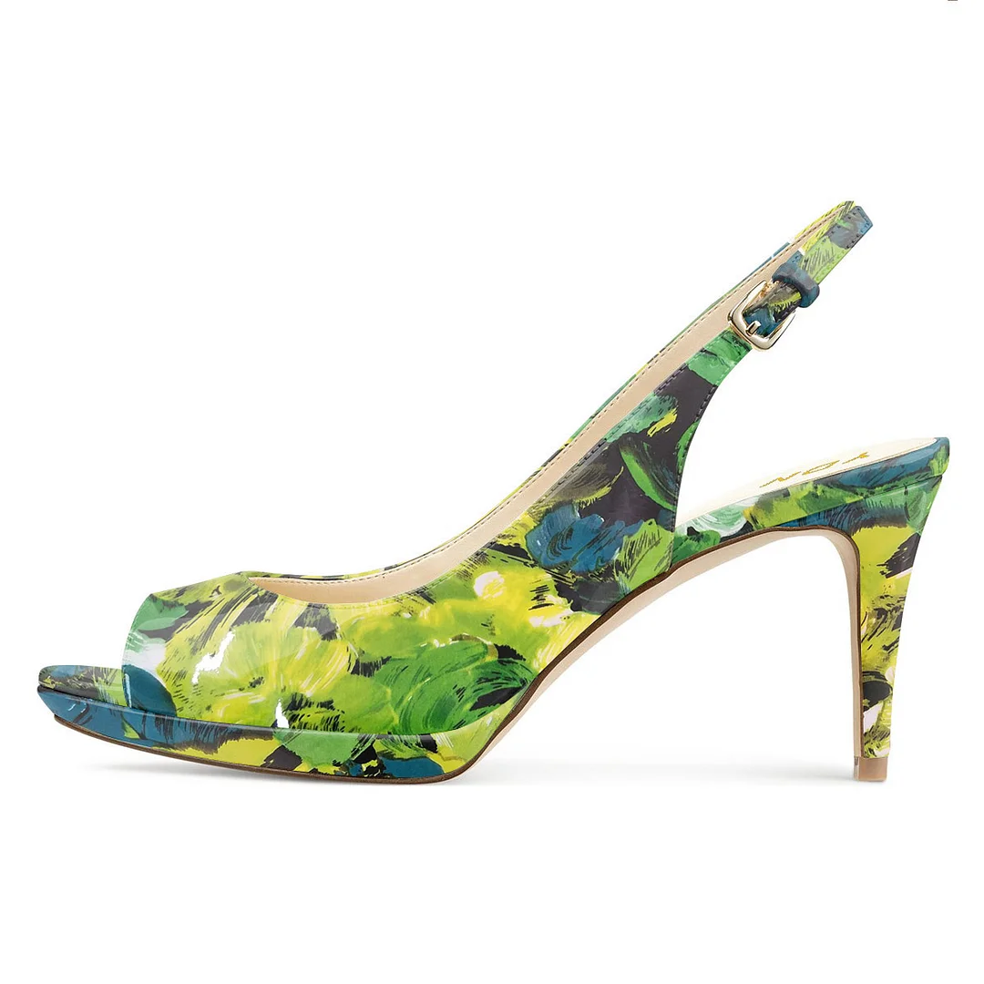 Trendy Printed Peep Toe Slingback Stiletto Heels in Green