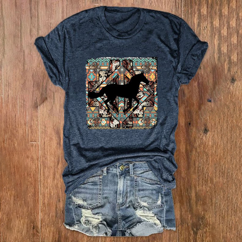Simple Western Horse Print Short Sleeve T-Shirt wearshes