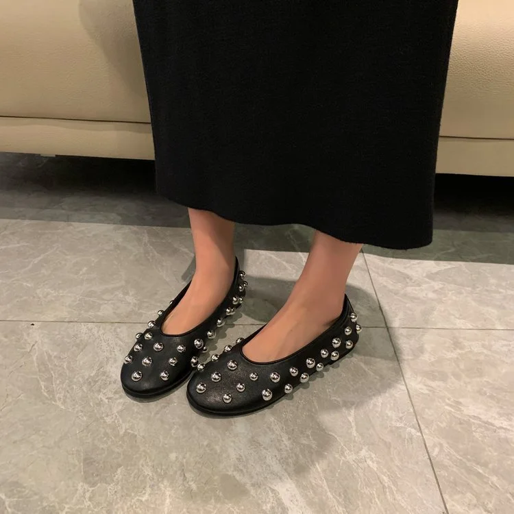 Yyvonne New Women's Shoes Black Rivet Decoration Flat Shoes Shallow Comfortable Sleeve Lazy Single Shoes