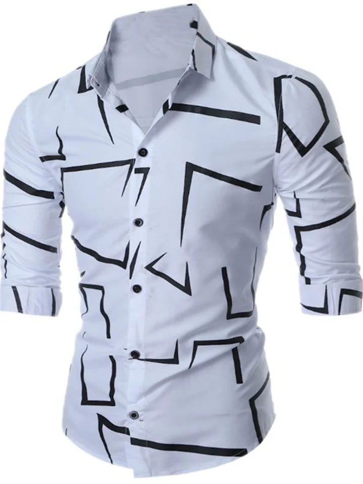 Four Seasons Men's Striped Shirt Fashion Lapel Cardigan Shirt Men's Irregular Print Men's Urban Style Long-sleeved Shirt Bottoming Shirt-Cosfine