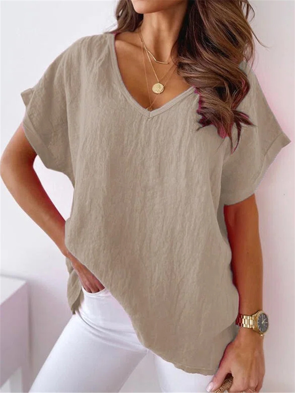Women Solid Color Cotton Linen Short Sleeve V-Neck Shirt T-Shirt