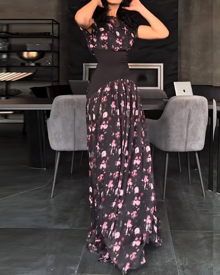 Round neck sleeveless waist printed dress