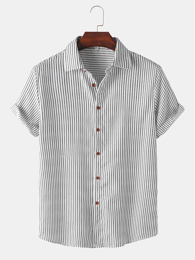 Mens Cotton Pinstripe Textured Button Up Casual Short Sleeve Shirts