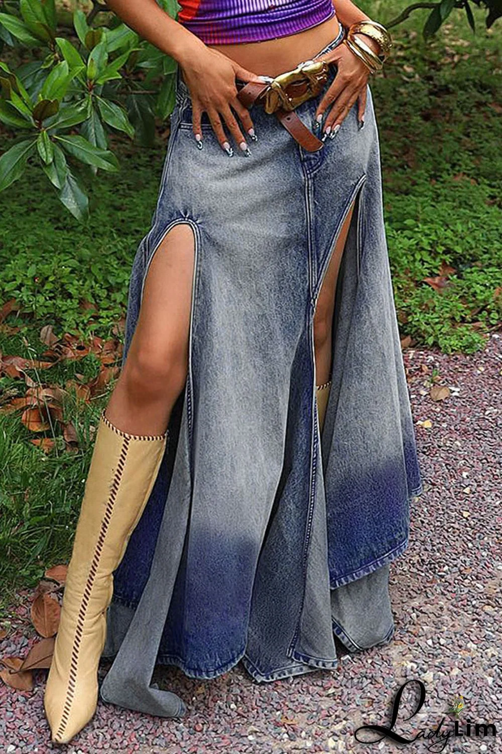 Blue Casual Daily Gradual Change Make Old Slit Regular Denim Skirts